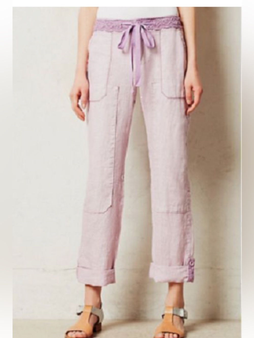 Anthropologie Hei Hei Lilac Laces 100% Linen Drawstring Cargo Pants Boho Sz 28